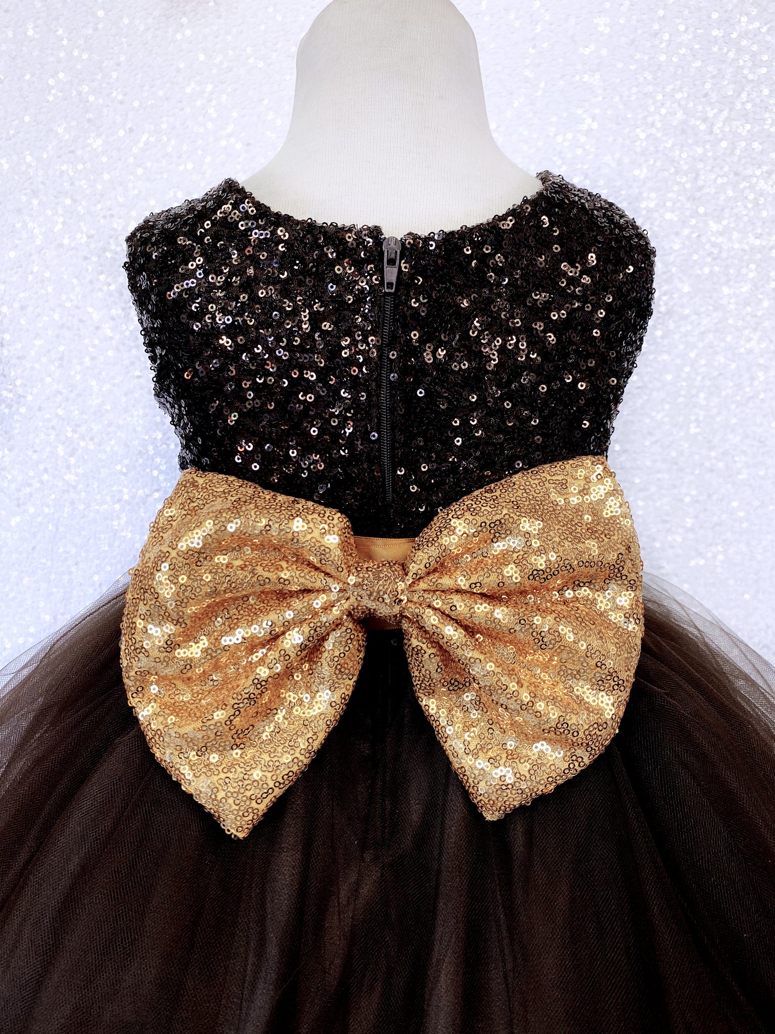 Brown Mini Sequence Champagne Bow 2 Layer Tulle Dress