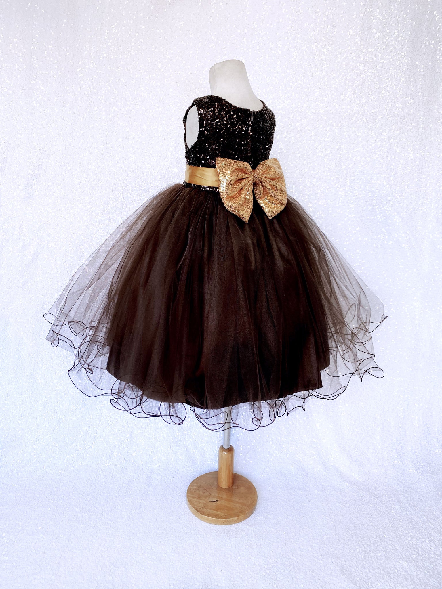 2 Layer Tulle Mini Sequin Brown Gold Bow Gown