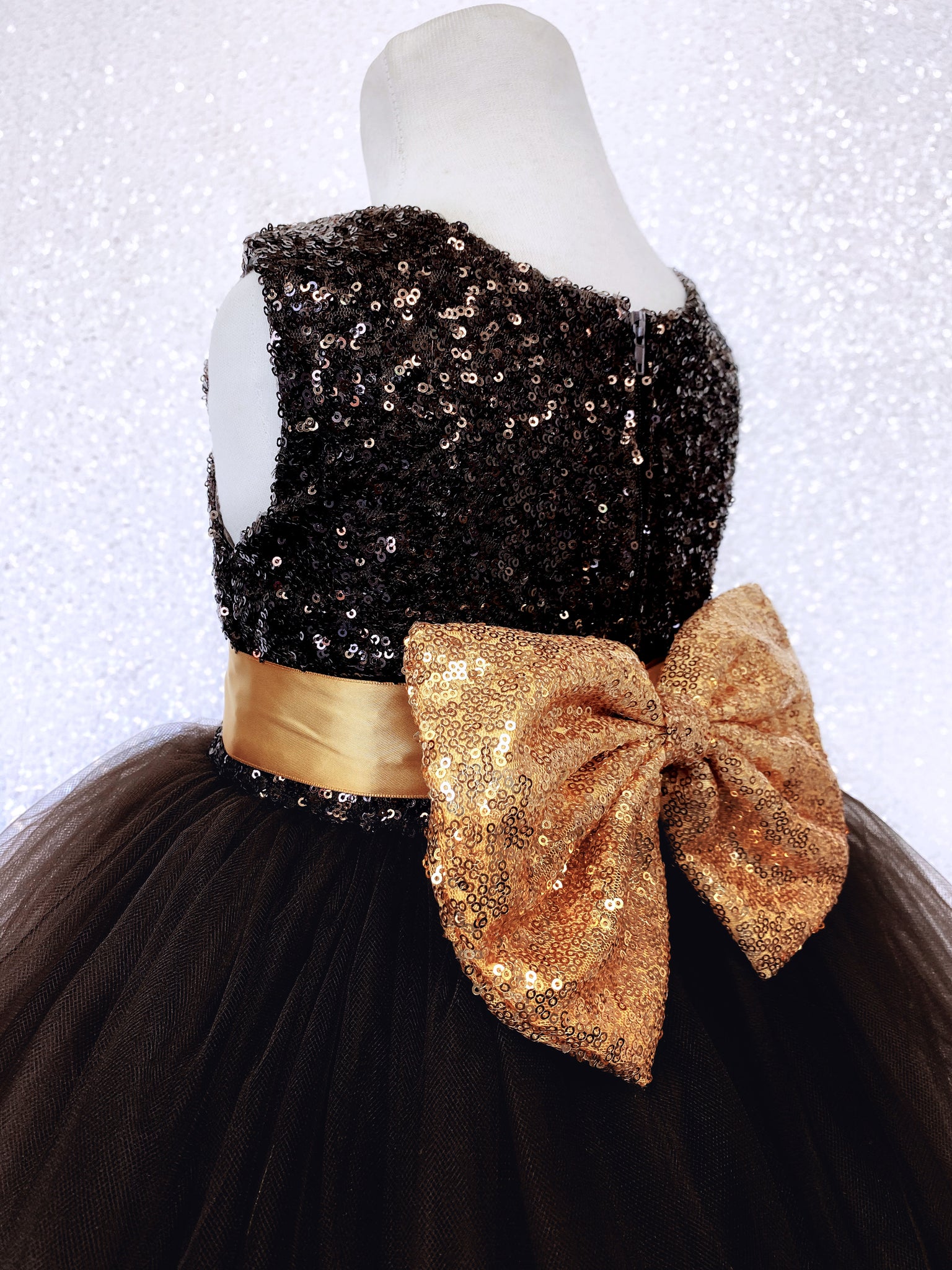 2 Layer Tulle Mini Sequin Brown Gold Bow Gown