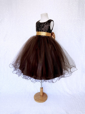 2 Layer Tulle Mini Sequin Brown Gold Bow Gown