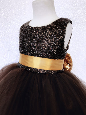 2 Layer Tulle Mini Sequin Brown Gold Bow Gown