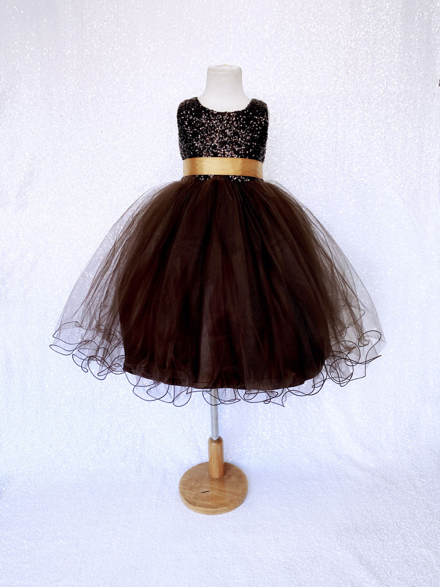 2 Layer Tulle Mini Sequin Brown Gold Bow Gown