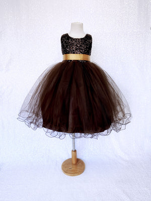 2 Layer Tulle Mini Sequin Brown Gold Bow Gown