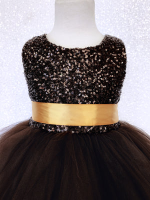 2 Layer Tulle Mini Sequin Brown Gold Bow Gown