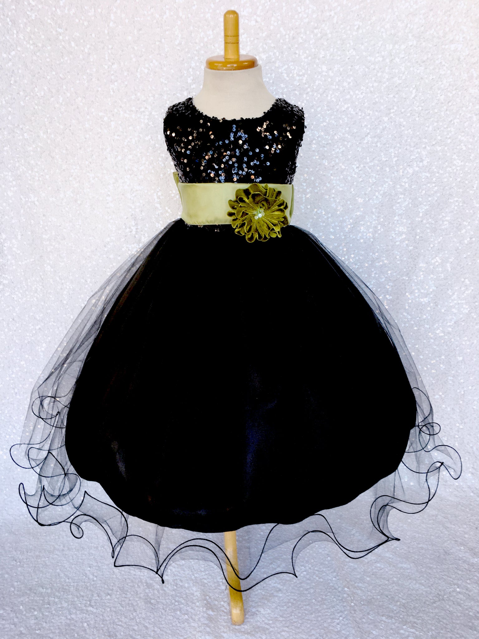 Black Sleeveless 2 Layer Sequence FL Tulle Dress Navy Blue Satin Sash