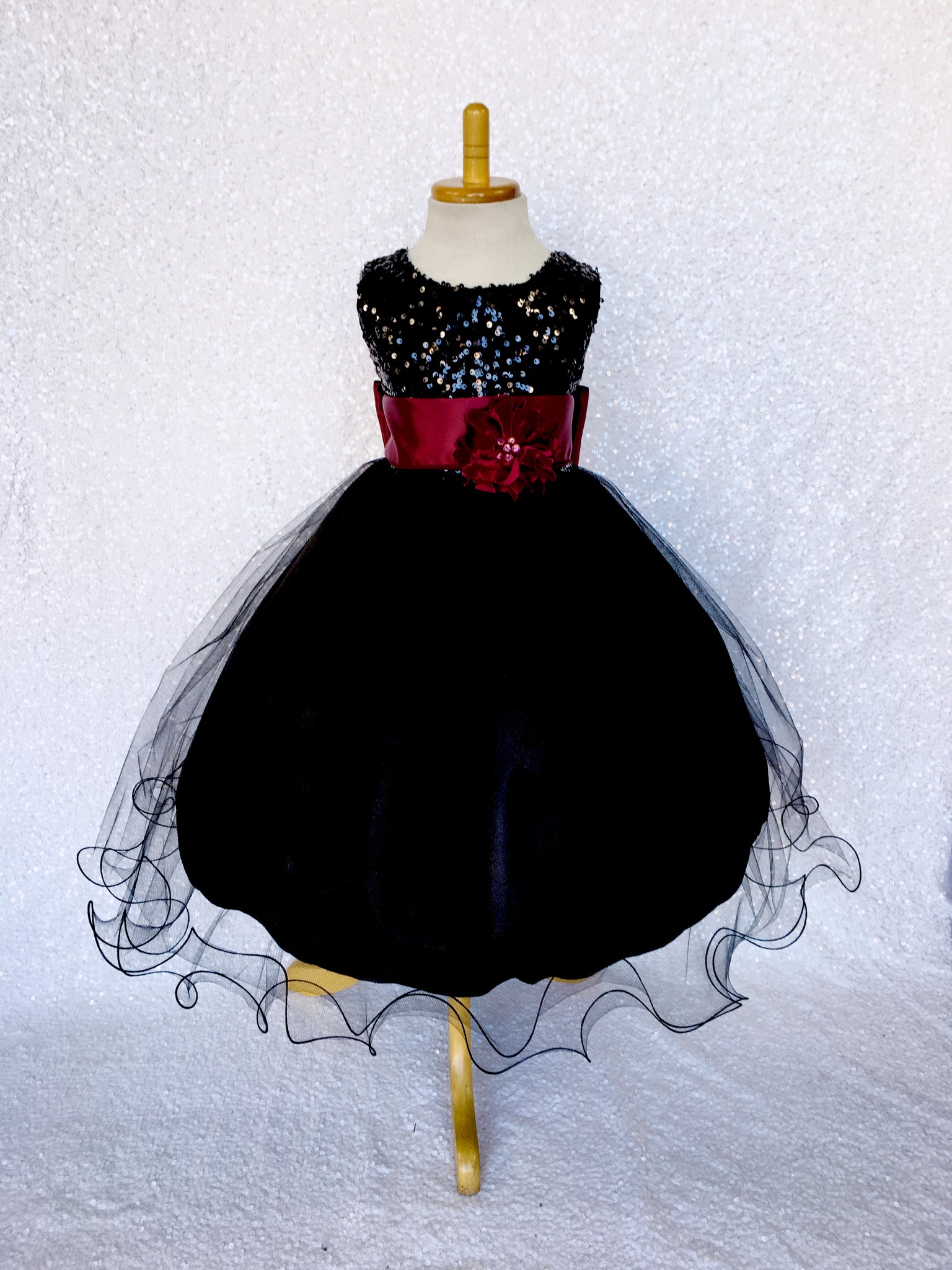 Black Sequin 2 Layer Tulle Dress Maroon Satin Burgundy Sash