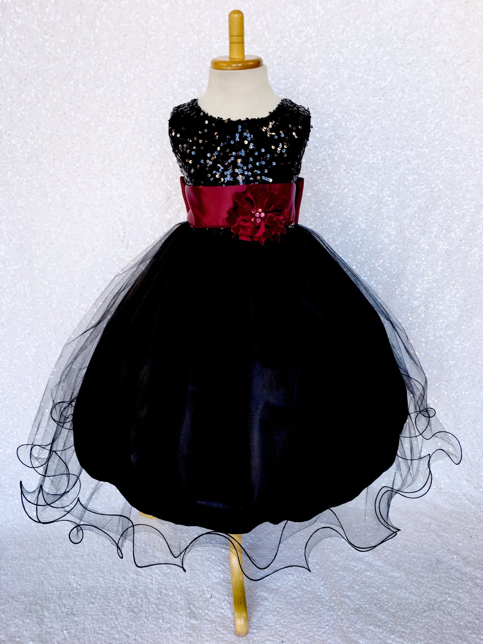 2 Layer Tulle Black Sleeveless Sequin Dress Royal Blue Satin Sash