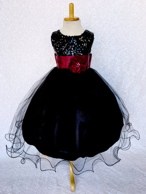 Black Sleeveless 2 Layer Sequence FL Tulle Dress Navy Blue Satin Sash