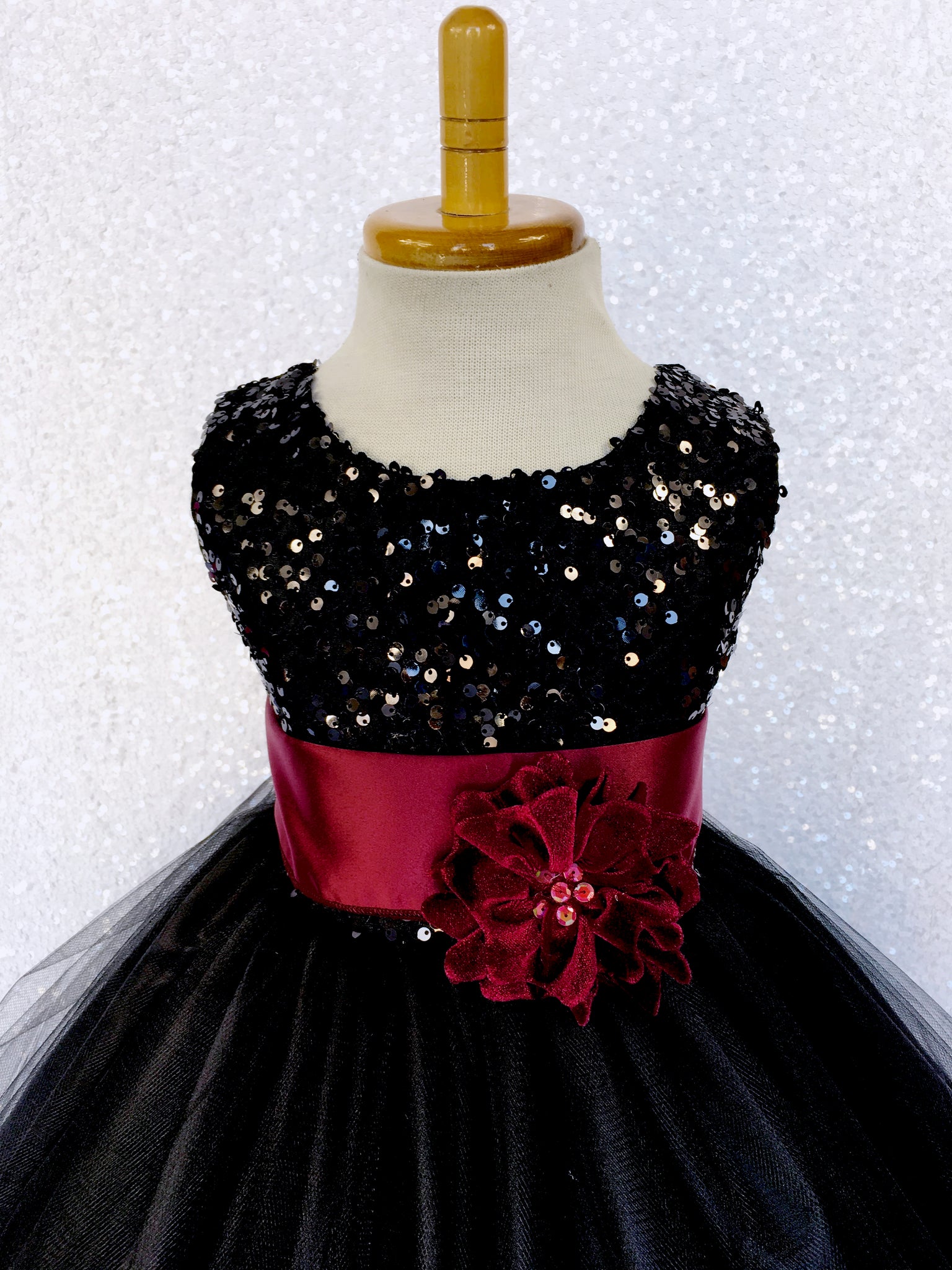 Black Sequin 2 Layer Tulle Dress Maroon Satin Burgundy Sash