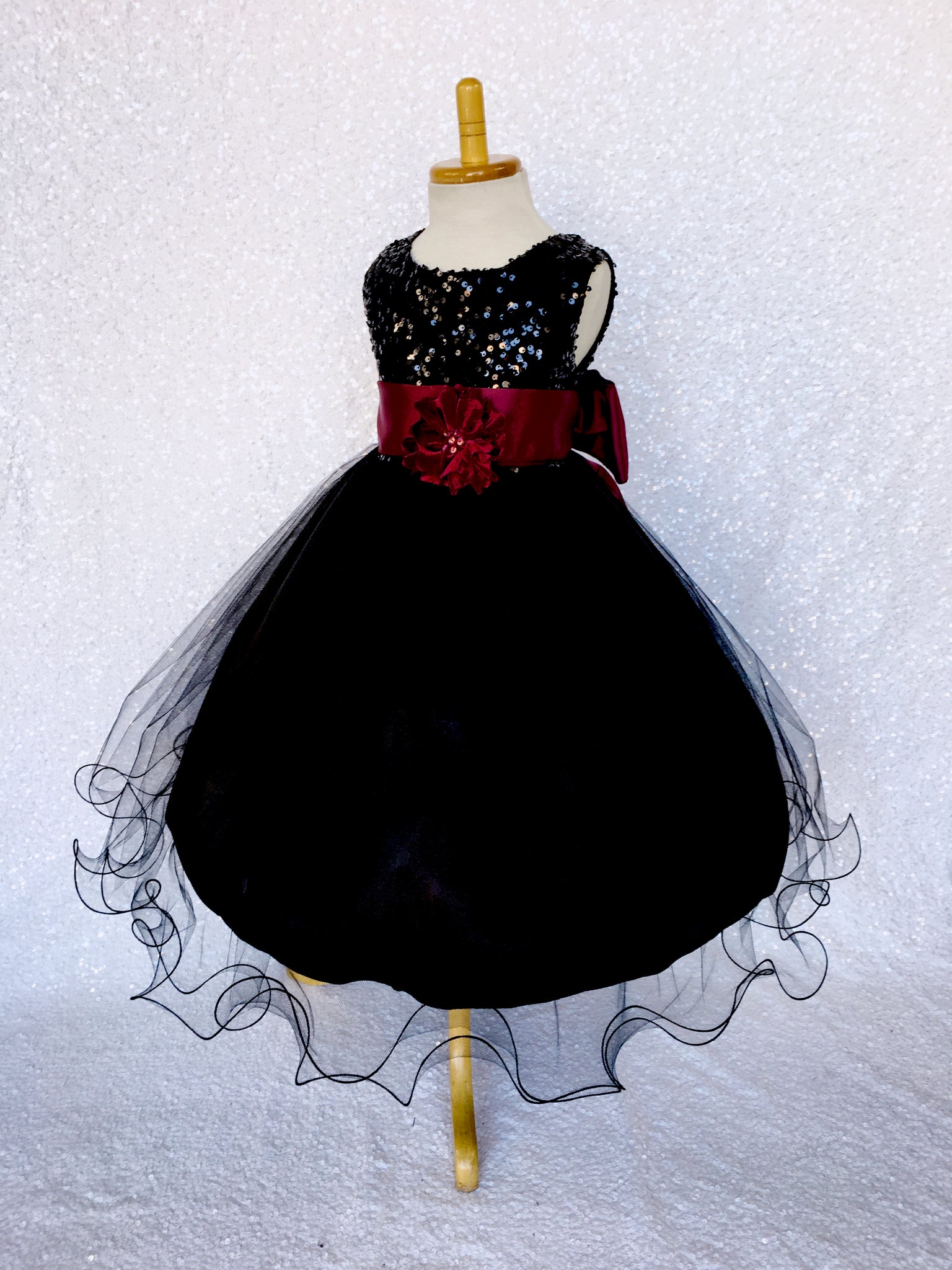 Black Sequin 2 Layer Tulle Dress Maroon Satin Burgundy Sash