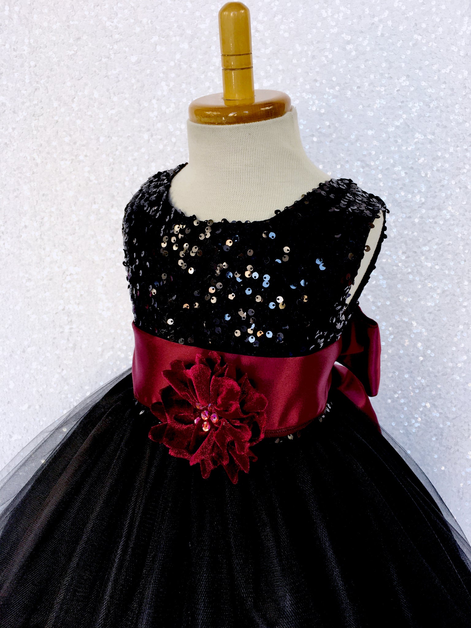 Black Sequin 2 Layer Tulle Dress Maroon Satin Burgundy Sash