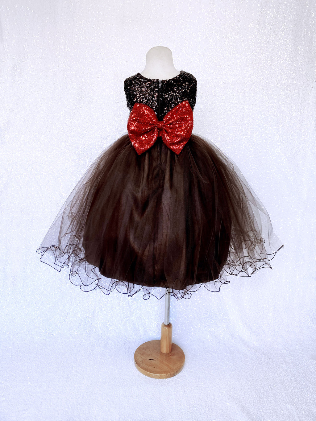 Mini Sequence Red Bow Brown 2 Layer Tulle Fishing Line Dress