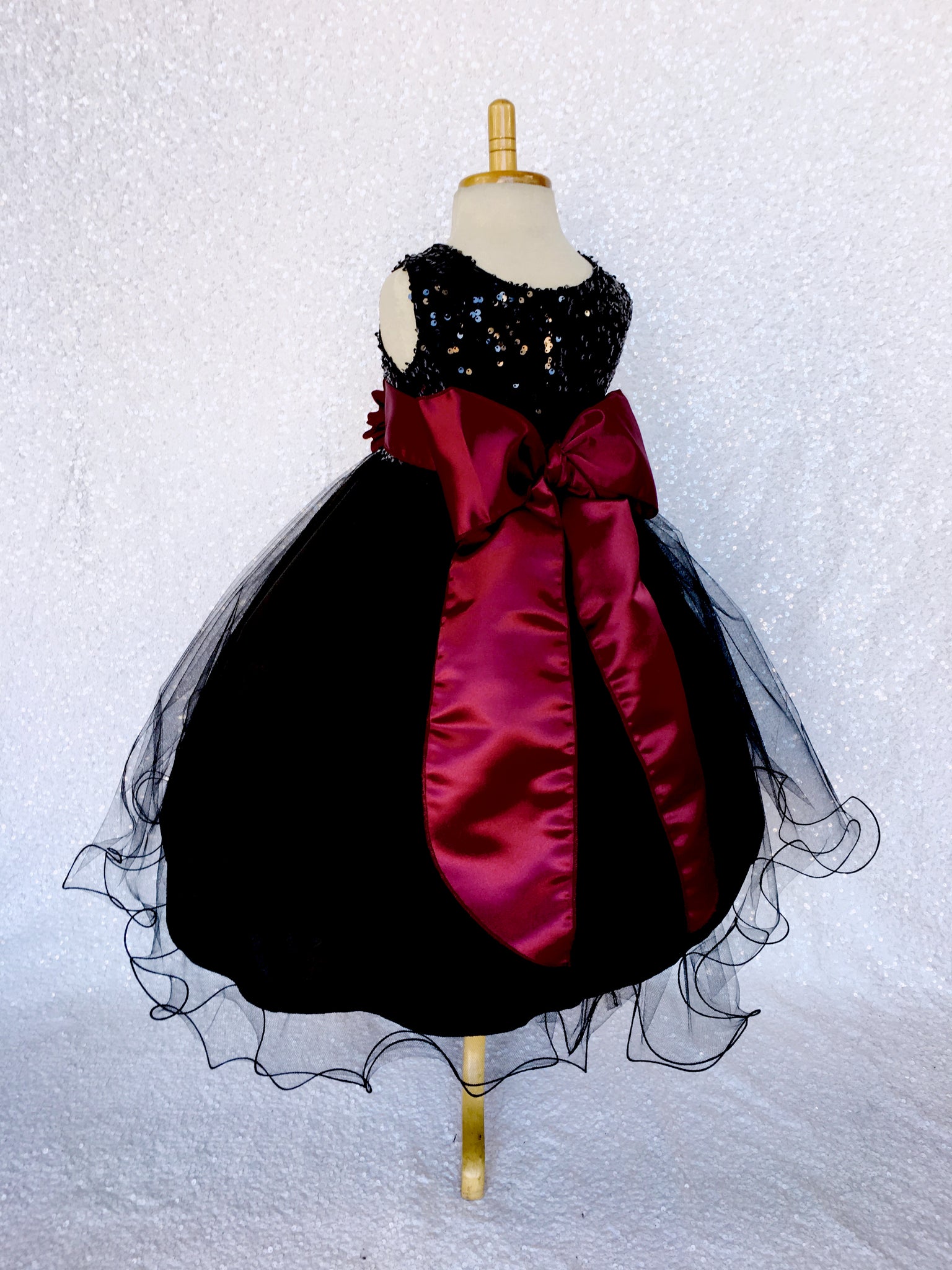 Black Sequin 2 Layer Tulle Dress Maroon Satin Burgundy Sash