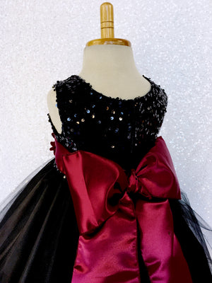 Black Sequin 2 Layer Tulle Dress Maroon Satin Burgundy Sash