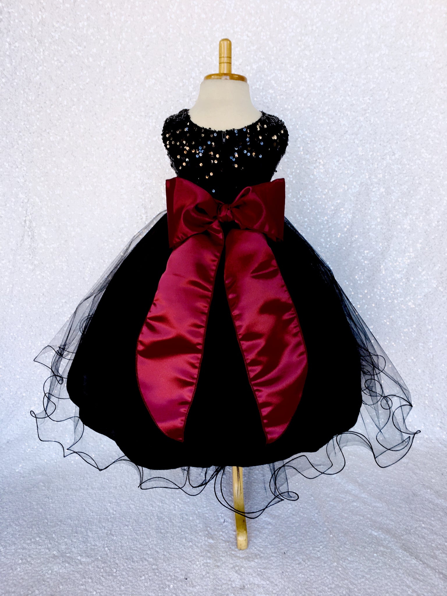 Black Sequin 2 Layer Tulle Dress Maroon Satin Burgundy Sash