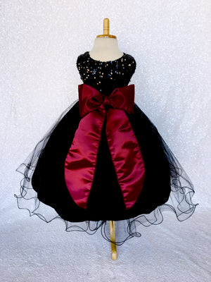 Black Sequin 2 Layer Tulle Dress Maroon Satin Burgundy Sash