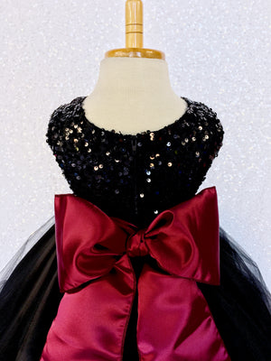 Black Sequin 2 Layer Tulle Dress Maroon Satin Burgundy Sash