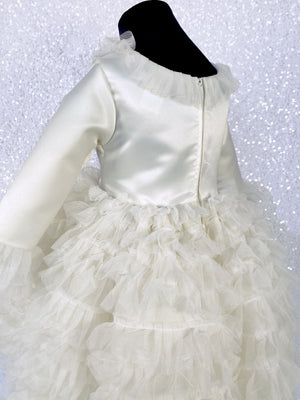 Ivory Knee Length Long Sleeve Tulle Ruffle Dress