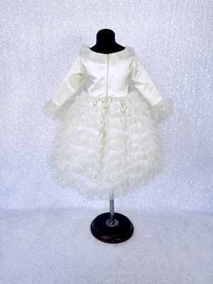 Ivory Knee Length Long Sleeve Tulle Ruffle Dress