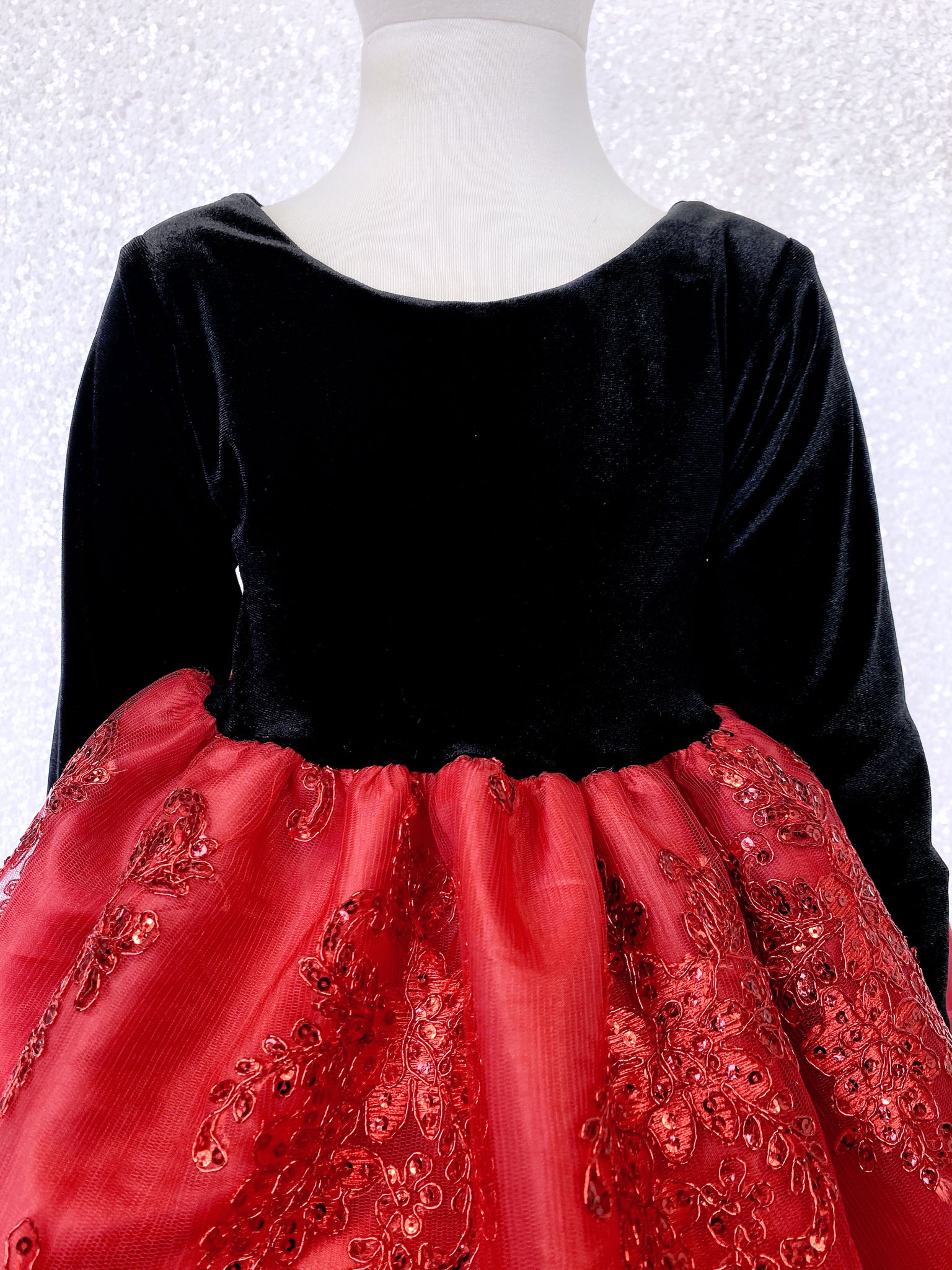 Embroidery Red Black Velvet Long Sleeve Gown Silver Bow