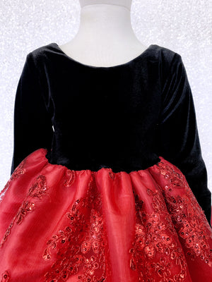 Embroidery Red Black Velvet Long Sleeve Gown Silver Bow