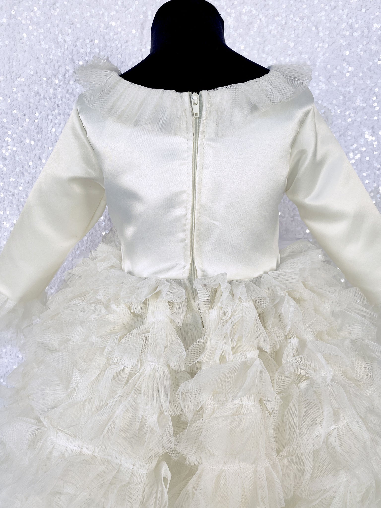 Ivory Knee Length Long Sleeve Tulle Ruffle Dress