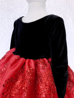 Black Velvet Long Sleeve Red Embroidery Bow Dress