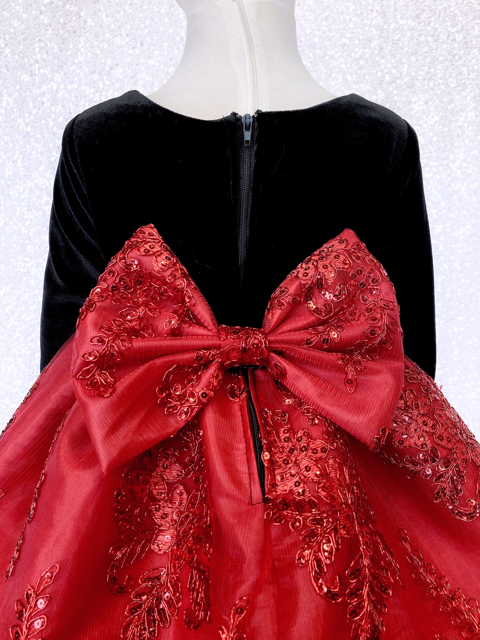 Black Velvet Long Sleeve Red Embroidery Bow Dress