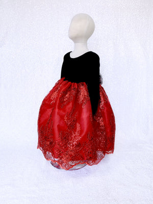 Embroidery Red Black Velvet Long Sleeve Gown Silver Bow