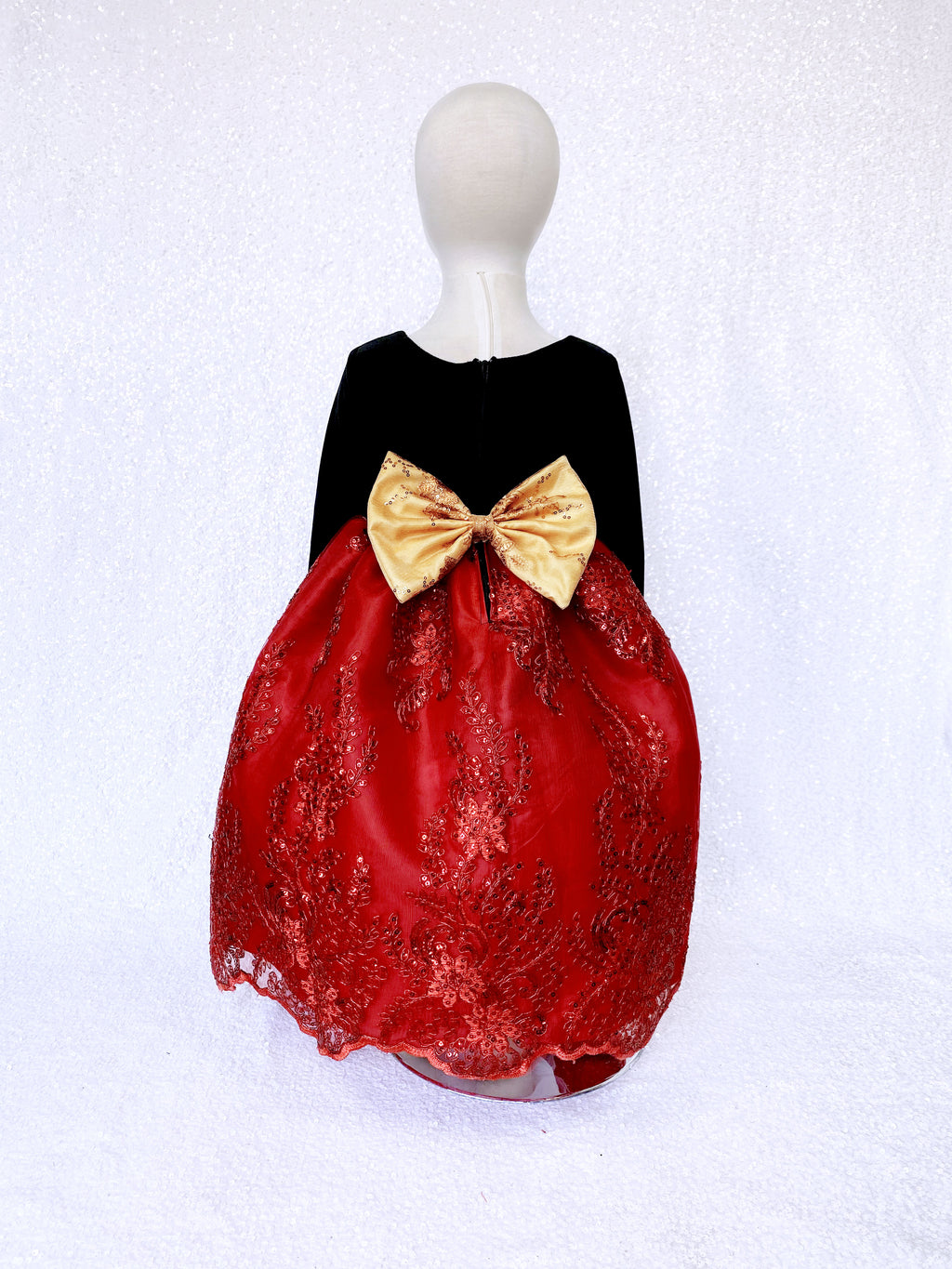 Red Embroidery Black Velvet Long Sleeve Dress Gold Bow