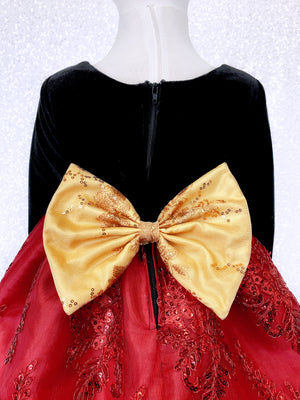 Embroidery Red Black Velvet Long Sleeve Gown Silver Bow