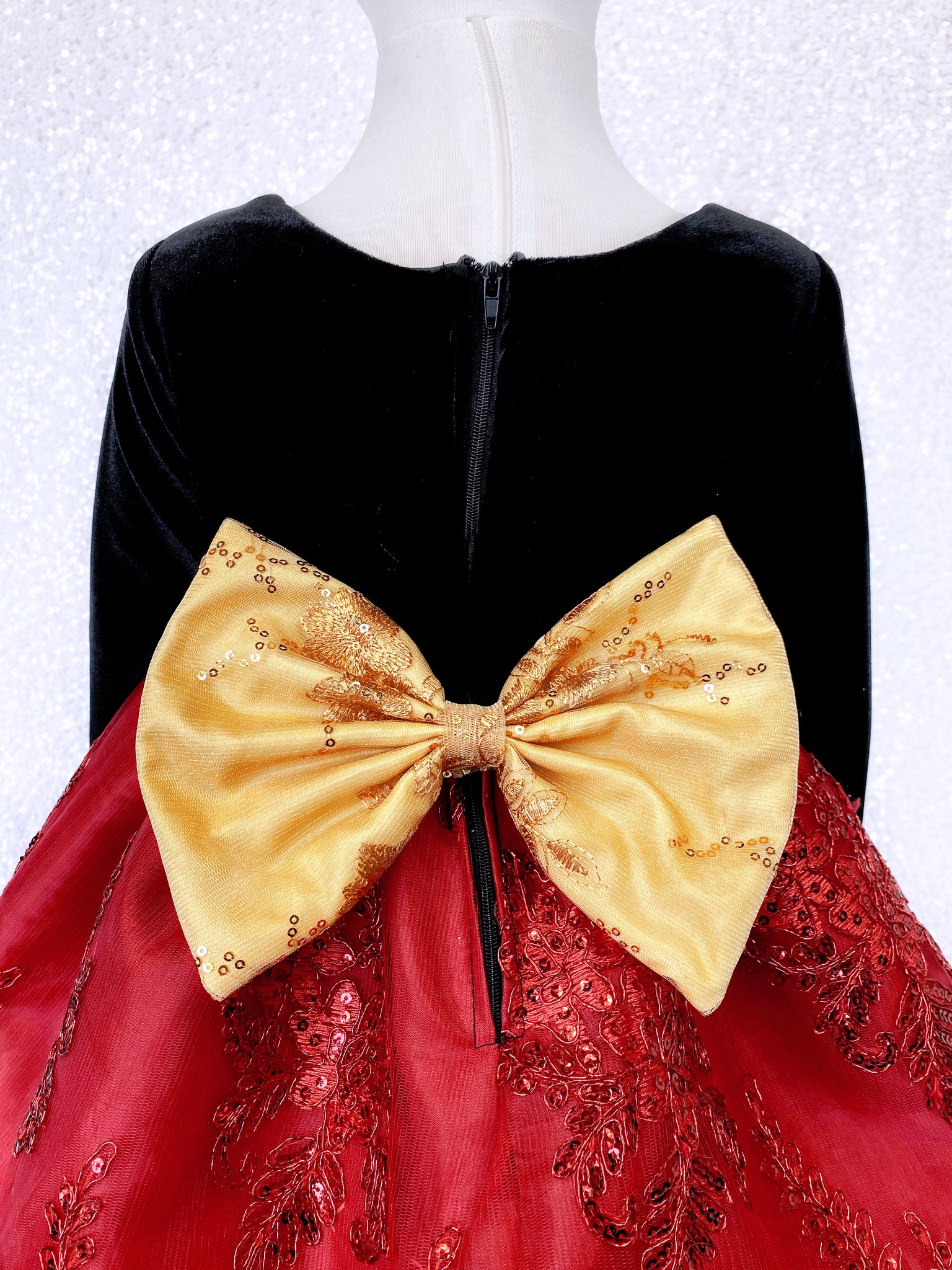 Black Velvet Long Sleeve Red Embroidery Bow Dress