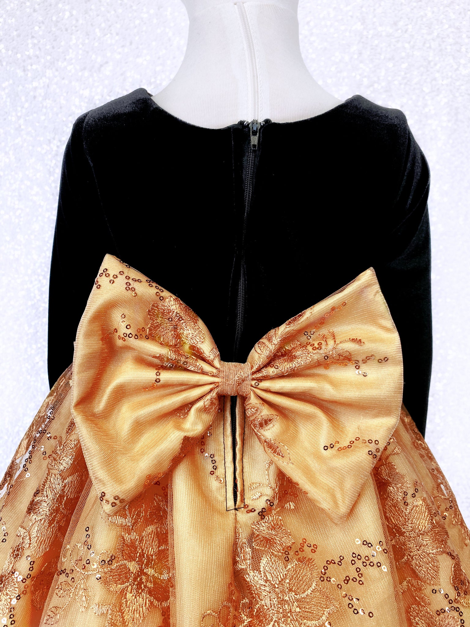 Velvet Black Long Sleeve Gold Embroidery Hunter Green Bow Gown