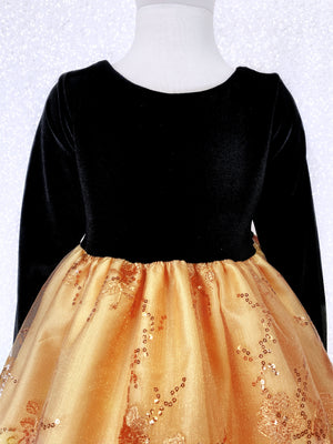 Gold Embroidery Bow Black Velvet Long Sleeve Dress