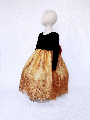 Black Velvet Long Sleeve Gold Embroidery Red Bow Gown