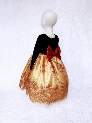 Black Velvet Long Sleeve Gold Embroidery Red Bow Gown