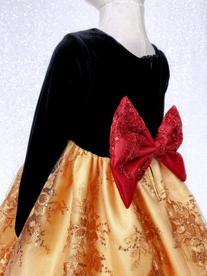 Black Velvet Long Sleeve Gold Embroidery Red Bow Gown