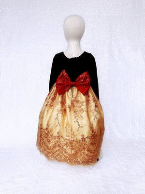 Black Velvet Long Sleeve Gold Embroidery Red Bow Gown