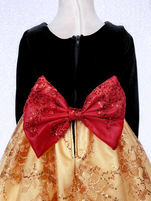 Gold Embroidery Bow Black Velvet Long Sleeve Dress