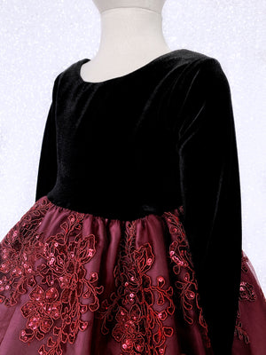 Black Velvet Long Sleeve Burgundy Embroidery Gold Bow Dress