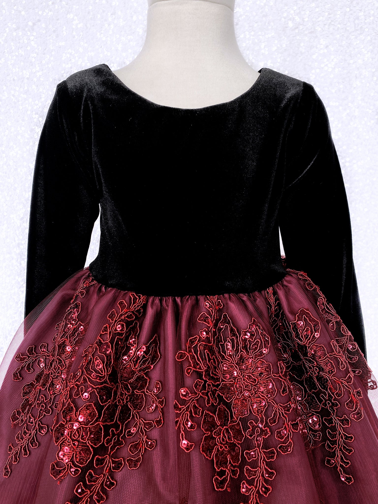 Long Sleeve Black Velvet Burgundy Embroidery Silver Bow Gown