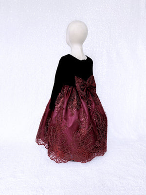 Burgundy Embroidery Bow Black Velvet Long Sleeve Dress