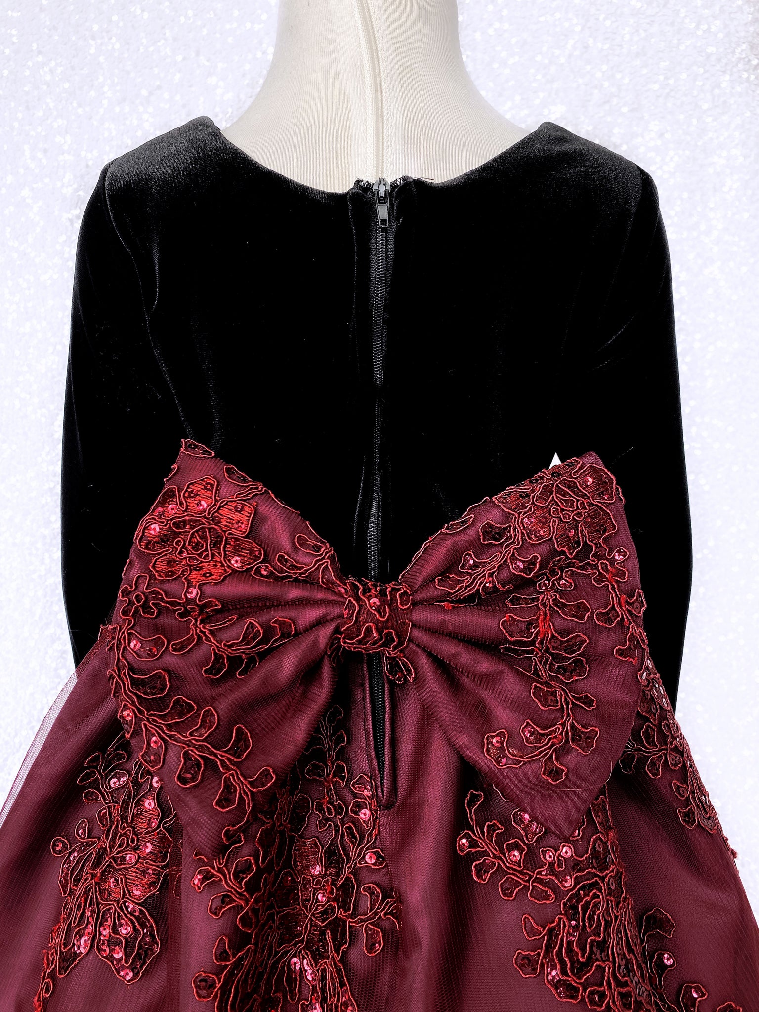 Long Sleeve Black Velvet Burgundy Embroidery Hunter Green Bow Dress