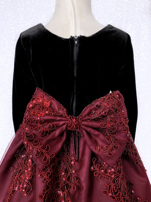 Burgundy Embroidery Bow Black Velvet Long Sleeve Dress