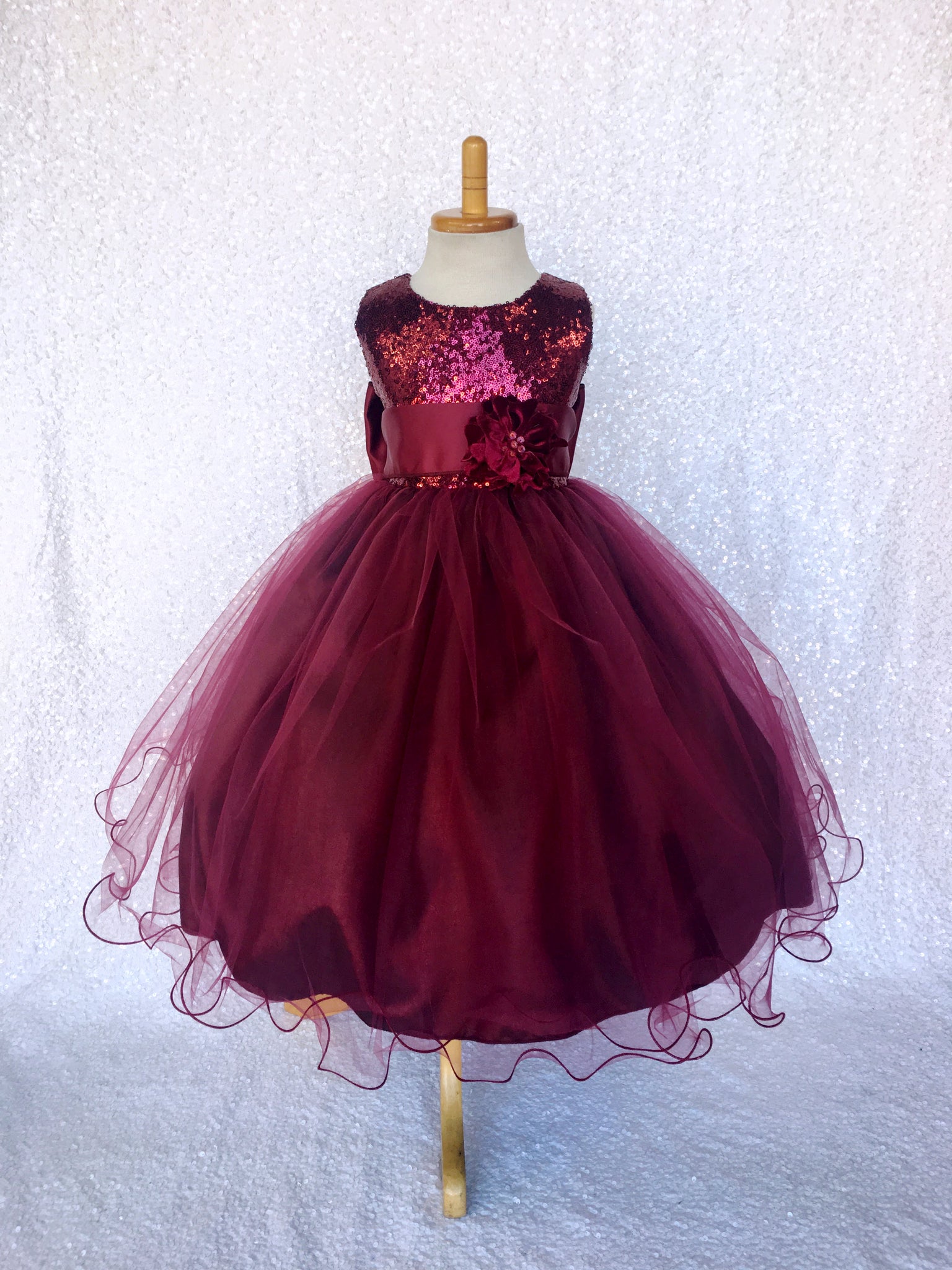 Burgundy Sequin Tulle 2 Layer Dress Hunter Green Velvet Flower Sash