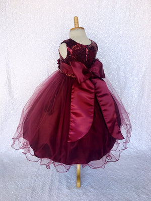 Sequence 2 Layer Burgundy Maroon Fishing Line Tulle Dress Satin Sash Velvet Flower