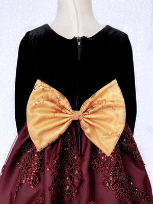 Long Sleeve Black Velvet Burgundy Embroidery Hunter Green Bow Dress