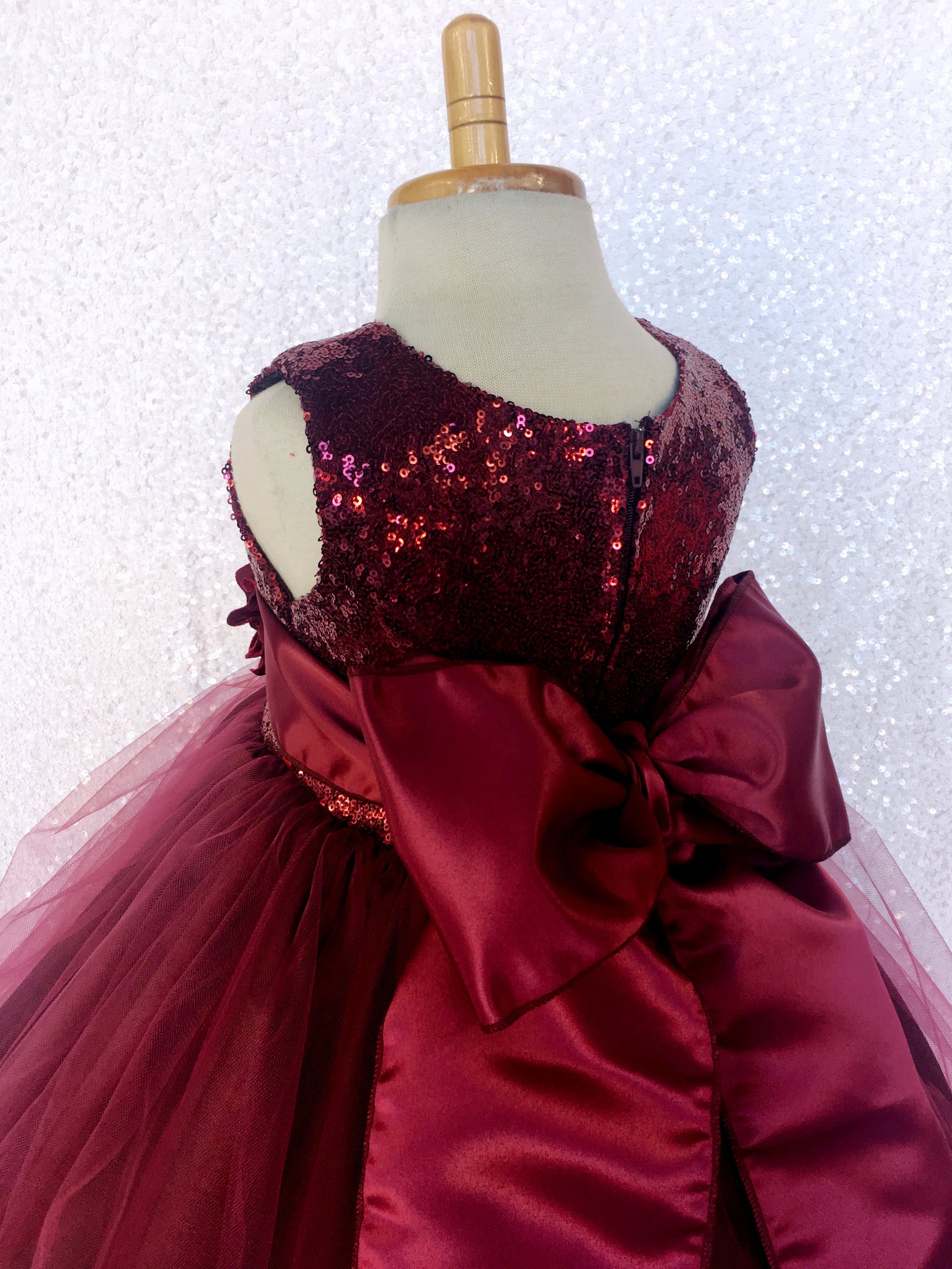 Sequence 2 Layer Burgundy Maroon Fishing Line Tulle Dress Satin Sash Velvet Flower