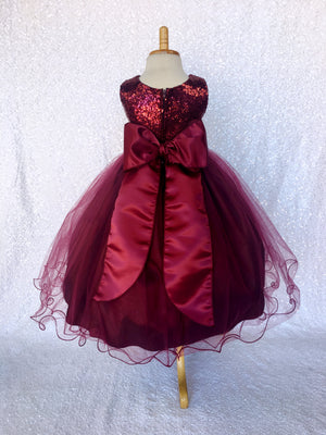 Sequence 2 Layer Burgundy Maroon Fishing Line Tulle Dress Satin Sash Velvet Flower