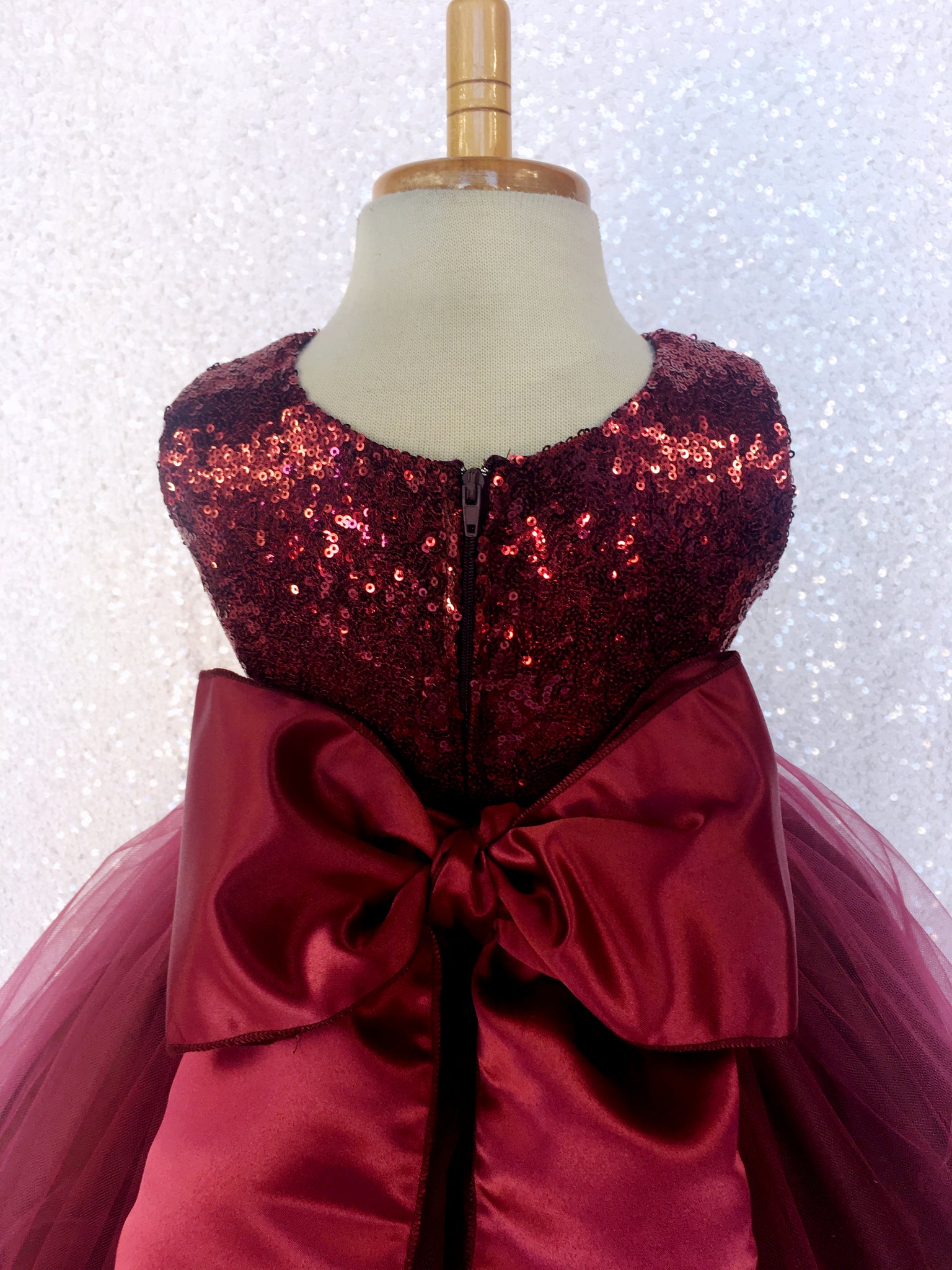 Sequence 2 Layer Burgundy Maroon Fishing Line Tulle Dress Satin Sash Velvet Flower